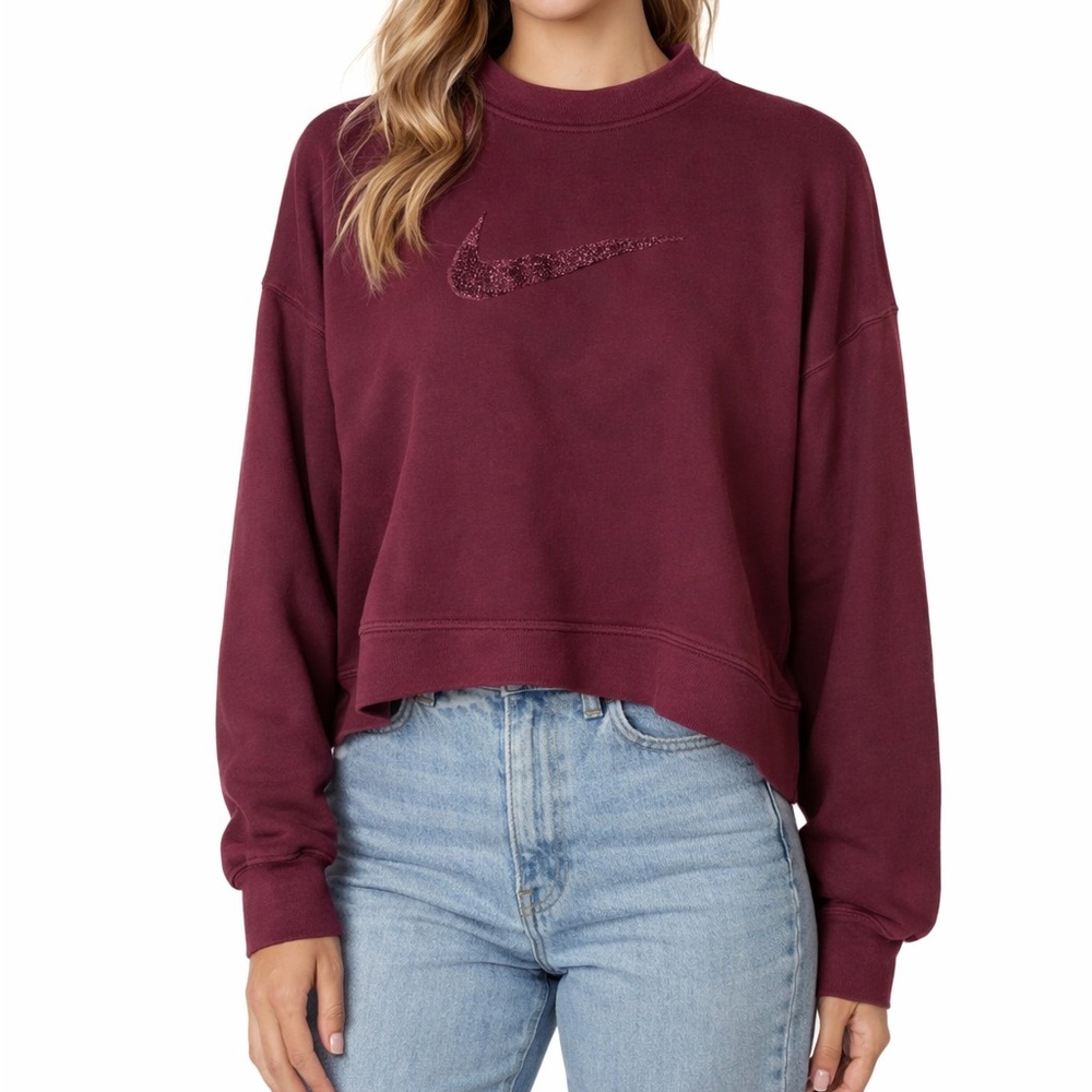 Nike Women’s Maroon Cropped Crewneck Sweatshirt XS Fleece Pullover‎